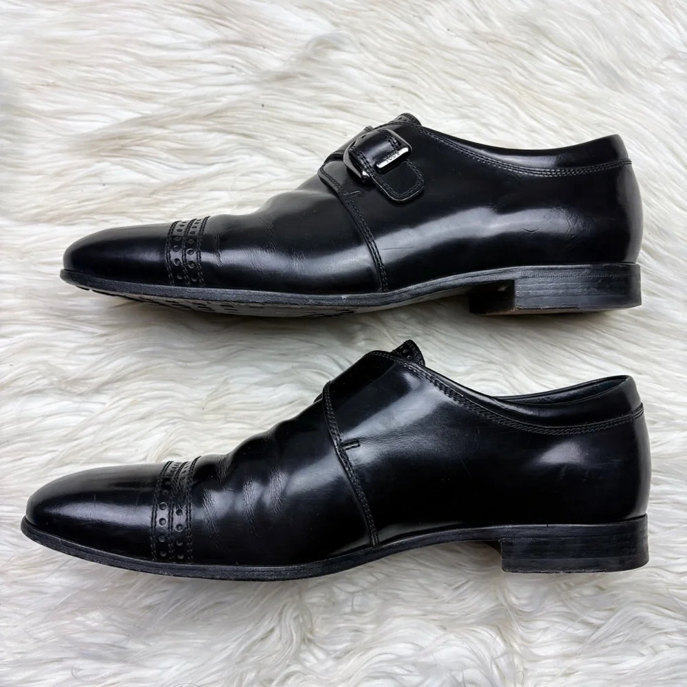 Tods Leather Monk Strap Shoe Shiny Black Mens Size 8 Almond Toe Oxford Buckle